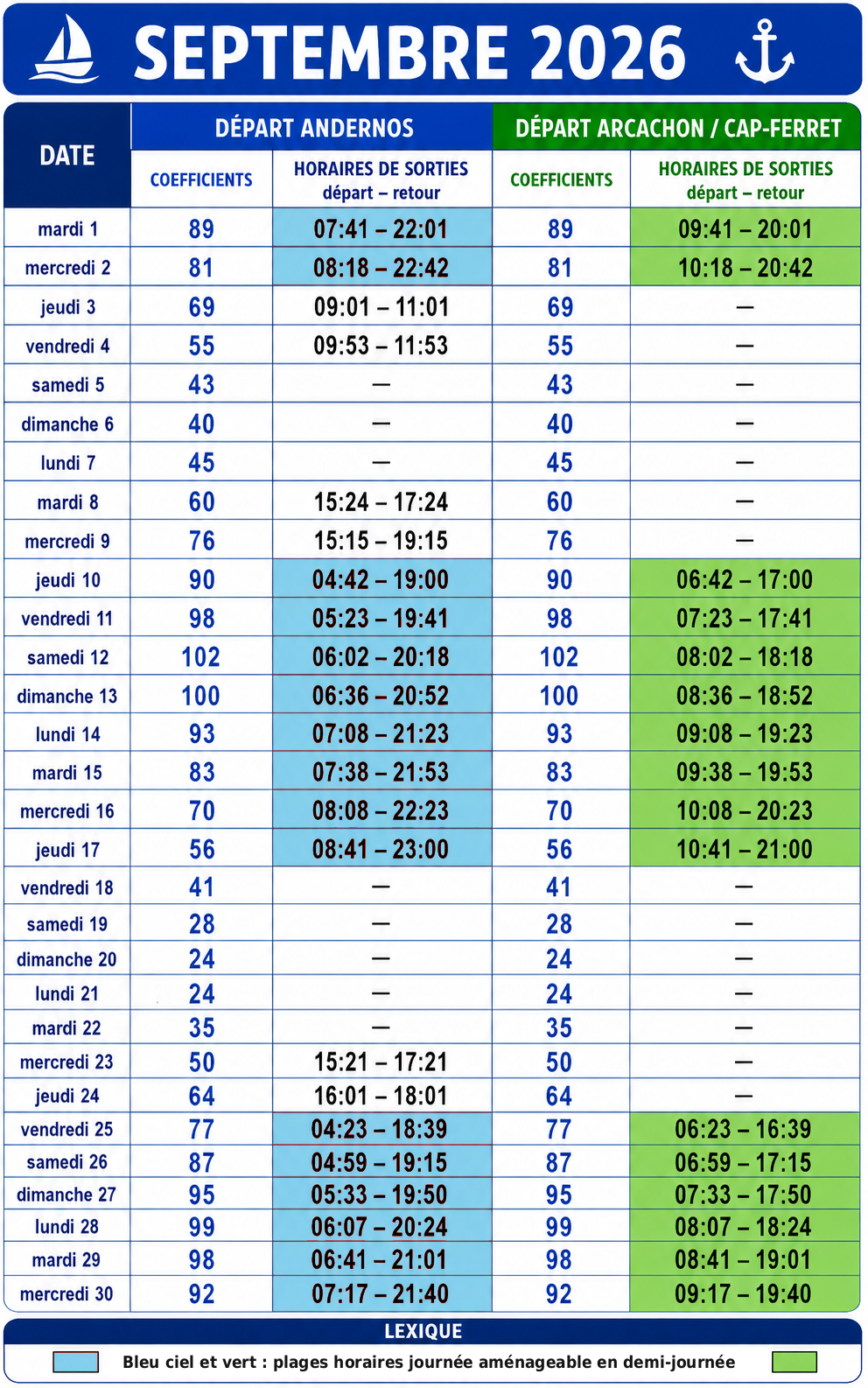 Plages horaires de sortie septembre 2026